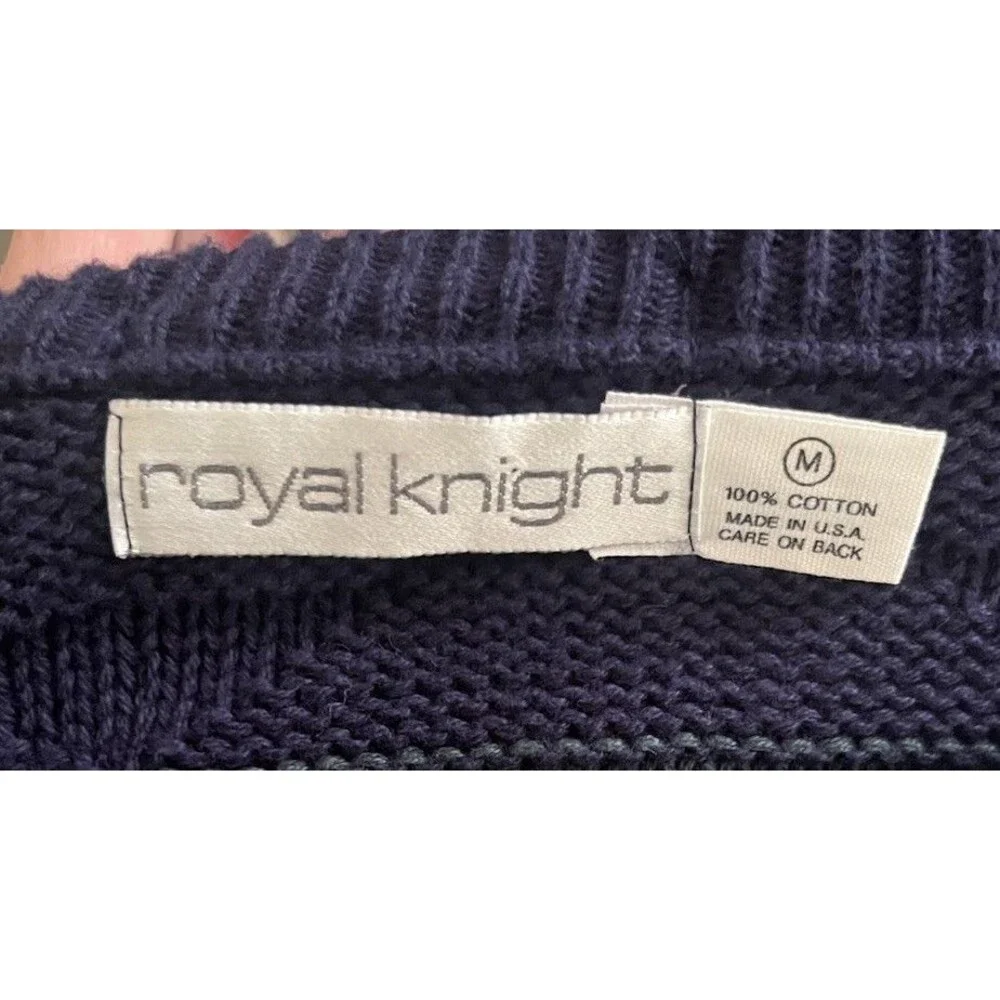 Vtg Royal Knight Grandpa Sweater Abstract Pattern Geometric Checkers Chunky Blue